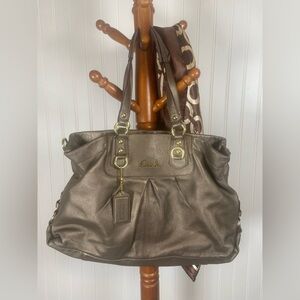 Coach Metallic Leather Satchel + Oversized Signature Silk Scarf Set